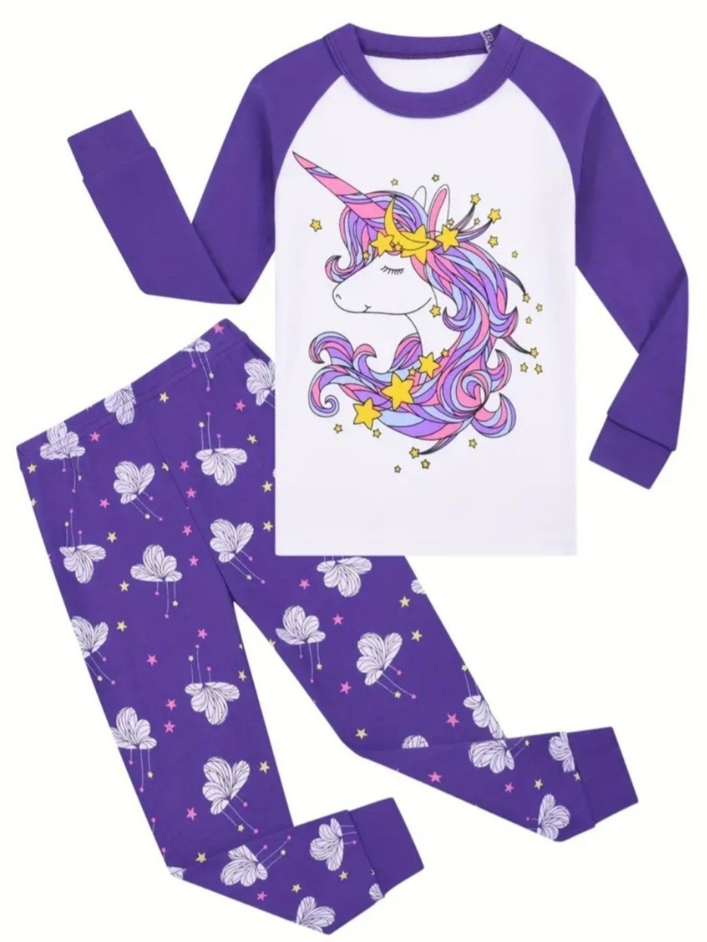 SHEIN Purple and White Unicorn Girls' Pajama Set